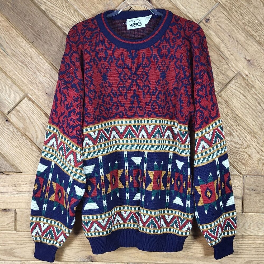 Vintage Trend Basics Size XLT Knit Sweater Aztec Geometric Made In Korea